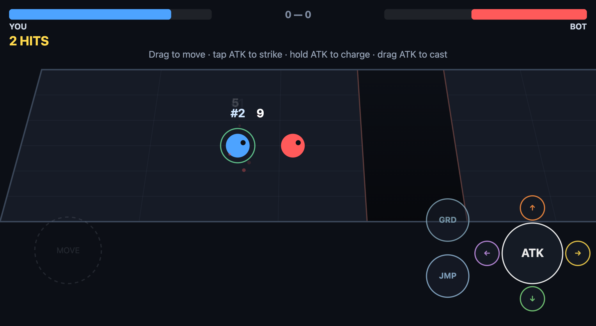 A Thimp Brawl match in progress: a blue fighter mid-combo landing hits on a red bot, a '2 HITS' combo counter, health bars, and the radial gear-skill control cluster